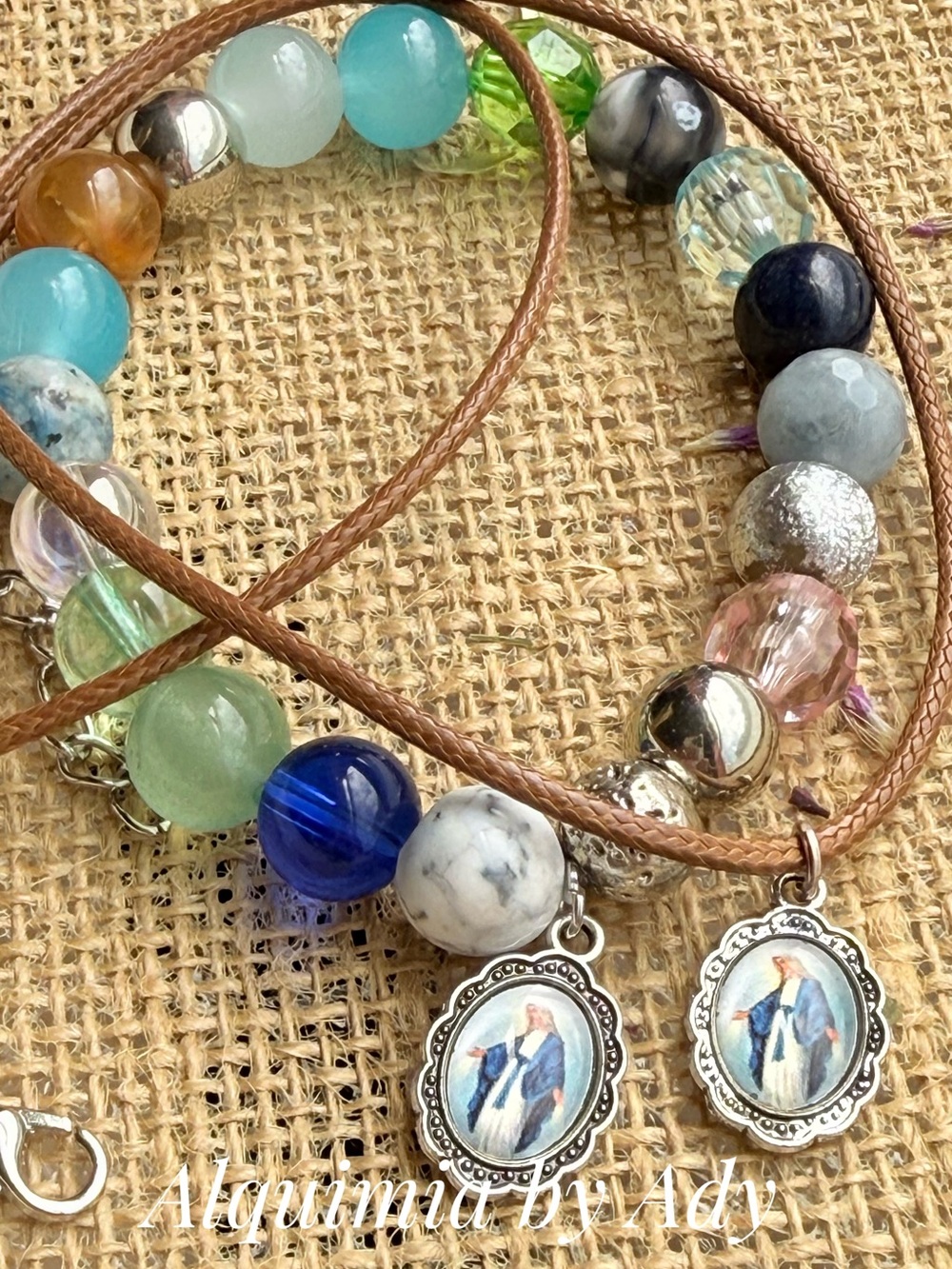 Multicolor Beaded Charm Bracelet with Religious cord necklace Medal